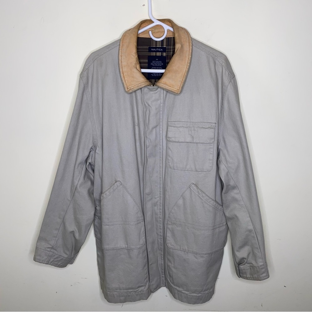 Vintage Nautica Medium Longer Canvas Barn Jacket w/ Leather Collar